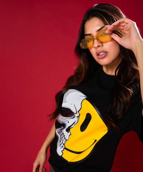 Half Skull And Smiley Face Printed Oversized Tshirt